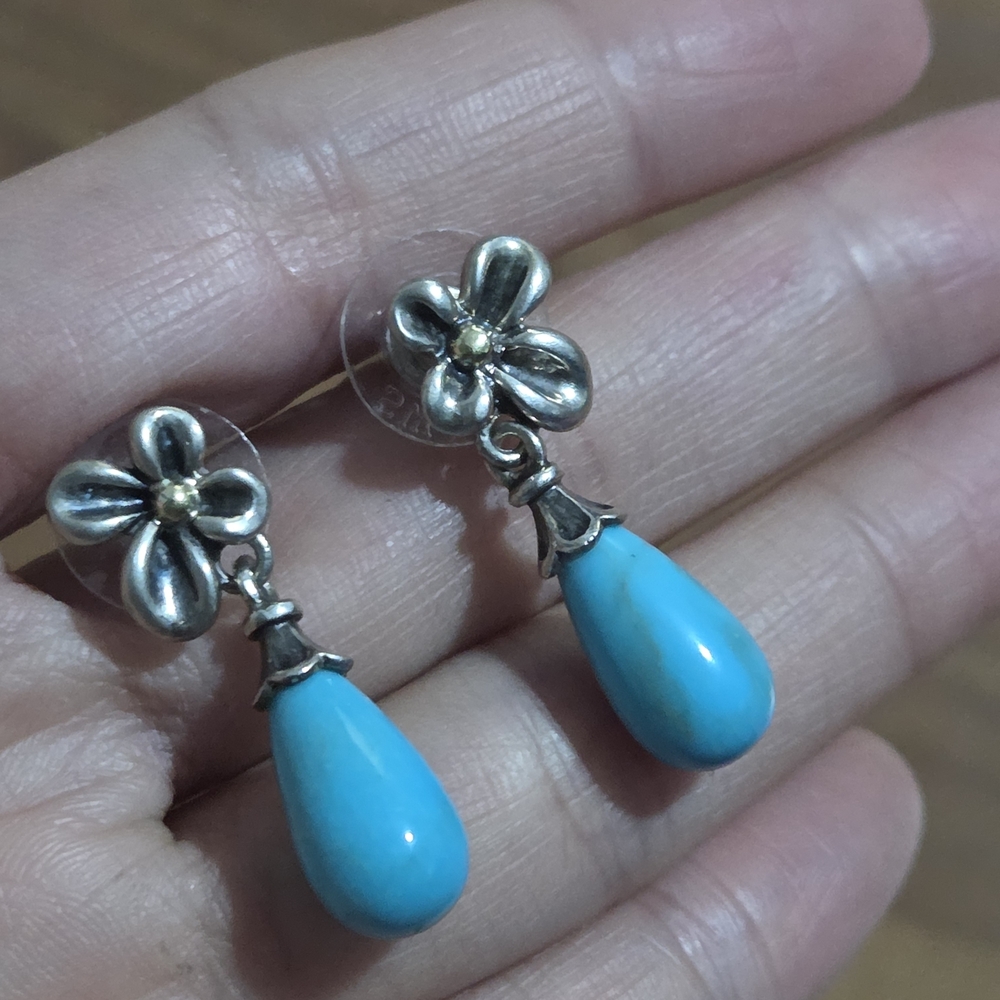 Ann King Sterling Silver /925 18K Gold Turquoise Teardrop Flower Dangle Earrings